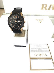 Guess Gents W0864G2 Rose Gold Case Black Bezel Chronograph Black Rubber Band - Picture 1 of 3