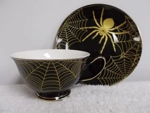 Park Chateau Gothic Halloween Spider Web Black Gold China Tea Cup & Saucer - Picture 1 of 6