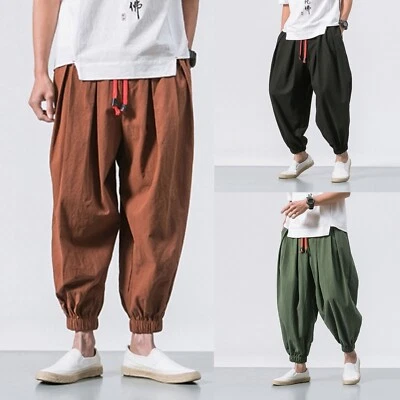 Men Harem Pants Casual Elastic Waist Hippie Bottoms Pant Baggy Wide Leg Trousers - Image 1 of 4