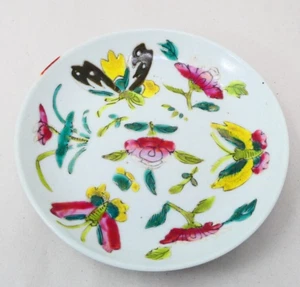 Chinese Porcelain Saucer Dish Hand-Painted Floral Butterflies Antique - Picture 1 of 6