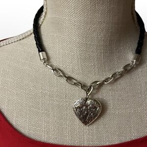 Vintage Avon Heart Locket Necklace Embossed Black Cord Silver-tone Chain 18”+