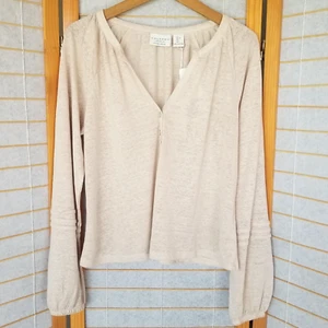 Calypso St. Barth 100% Linen Blouse Henley Long Sleeves Oatmeal Color Size Large - Picture 1 of 9