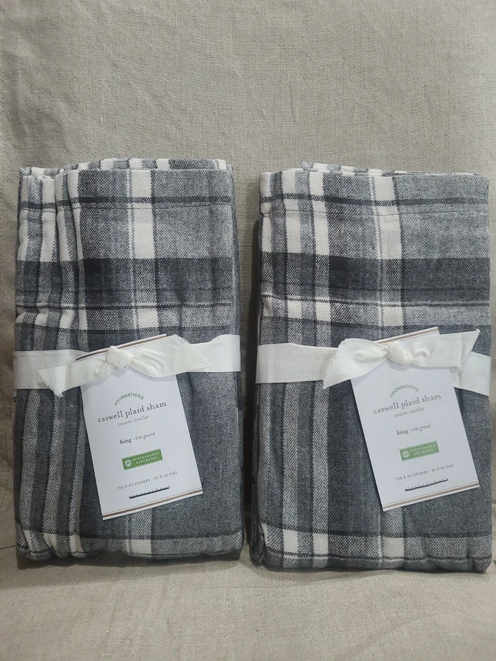 Pottery Barn Caswell Plaid King Sham S/2 franela gris Foto 1 de 1