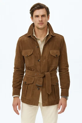 Mens Leather Suede Safari Jacket Brown Belted Field Coat Vintage Outdoor - Image 1 of 3