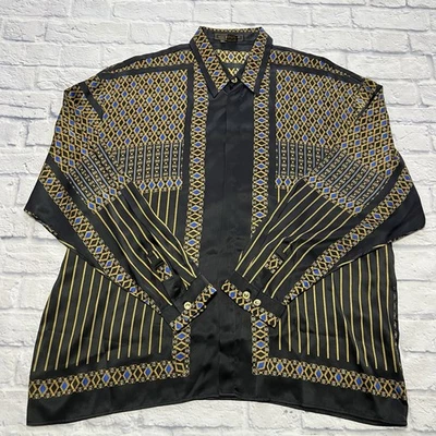 Seta Per Uomo Men’s Silk Shirt 3XL Black With Gold Blue Accents *READ DESC* - Image 1 of 4