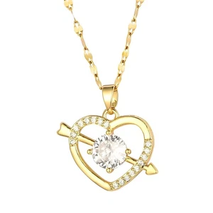 18K Gold Plated Women's Heart Shape Necklace Cubic Zirconia Romantic Love Gift - Picture 1 of 10