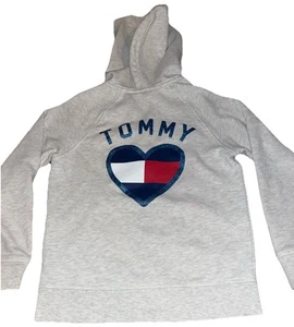 Tommy Hilfiger Hoodie Girls L 12/14 Gray Heart Flag Logo Full Zip Up Sweatshirt - Picture 1 of 4