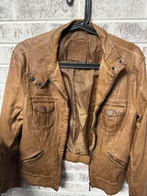 Max Studio 人造皮革夹克女式 XL 码棕色摩托拉链前口袋 — 第 1/4 张图片