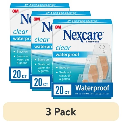 (Paquete de 3) Vendajes transparentes impermeables Nexcare, tamaños surtidos, 20 unidades Foto 1 de 4