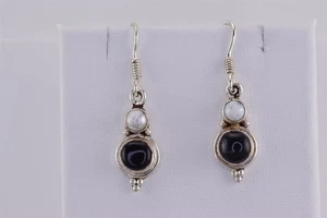 Pendientes de gancho colgantes de plata de ley 925 con perlas de ónix negro de 24 mm x 10 mm - Imagen 1 de 6