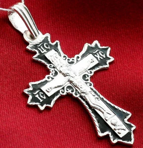 RUSO GRIEGO ORTODOXO ICONO CUERPO CRUZ PLATA925 ESMALTE NEGRO CALIENTE HECHO A MANO RARO - Imagen 1 de 3