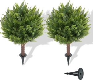 Artificial Cedar Shrub Ball Trees Two 15.8Inch with Ground Spikes, Can Be Plante - Picture 1 of 12