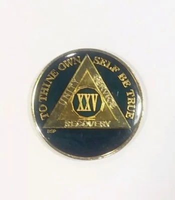 25 Year AA Sobriety Coin Medallion- Rich Midnight Blue Enamel 25th Year XXV - Image 1 of 3