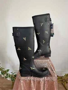 Joules hohe Gummistiefel Damen Welly Boots schwarz Bienenmuster UK 3 4 6 & 7 verstellbarer Riemen - Bild 1 von 21