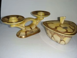 Jasba Keramik, Vintage 2er Kerzenhalter und Deckeldose in Dreiecksform, 50-60er - Bild 1 von 10