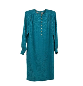 Liz Claiborne Vintage Retro Teal Silk Polka Dots Satin Long Sleeve Midi Dress 4 - Picture 1 of 13
