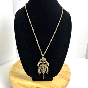 VTG CROWN & LION SHIELD/CREST PENDANT W/FAUX PEARLS & RED STONES 24" CHAIN UNSIG - Picture 1 of 10