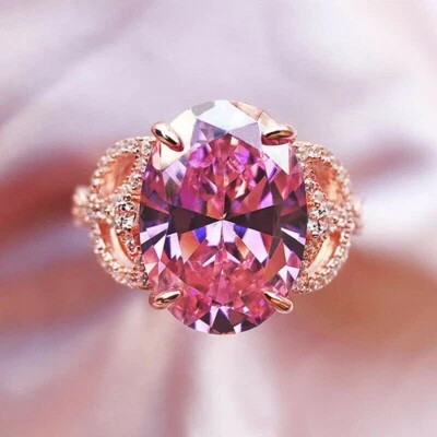 Anillo de compromiso moissanita rosa corte ovalado 4,84 TCW enchapado en oro amarillo 14 K Foto 1 de 4