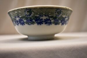 Antique Late Chinese Transferware Bowl Floral Design Stick Blue & Green Old "148