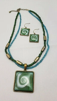 Kenneth Cole Spiral Art Glass Beaded Boho Pendant Necklace Earring Set NWOT - Image 1 of 4