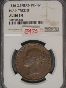 Great Britain 1856 Penny K-739 NGC AU 50 BN PLAIN TRIDENT VERY RARE - Picture 1 of 2