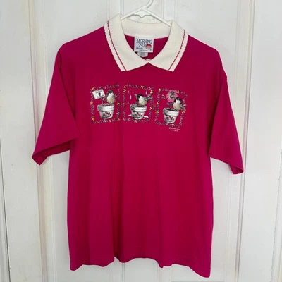 Vintage Morning Sun Collared T Shirt Bird Floral Grandma Cottage Petite Large - Image 1 of 4