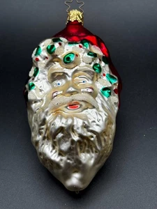 Vintage Inge Glass Santa Claus Head Holly Trimmed Hat Glass Ornament 5.5" - Picture 1 of 8