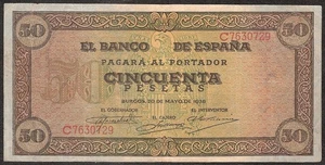 SPAIN  50 Pesetas  1938  P:112a  VF  El Banco de Espana (Burgos)  Civil War - Picture 1 of 2