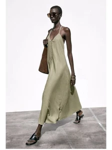ZARA VOLUMINOUS LINEN BLEND KHAKI MIDI DRESS NEW WITH TAGS SIZE S UK 10 SOLD OUT - Picture 1 of 12