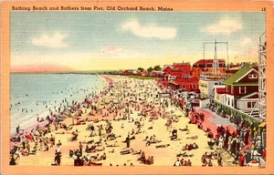 Bathing Beach And Bathers From Pier Old Orchard Beach Maine Jun 24 1949 Linen... - Picture 1 of 4