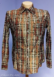 Vtg 70's Men's Hong Kong Custom Tailoring Co Wide Collar Br/Rust Disco Shirt LG - Picture 1 of 7