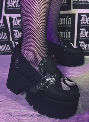 Black Goth Punk Chunky Platform Oxfords Loafers Skulls Tassles Demonia Shoes - Image 1 of 4
