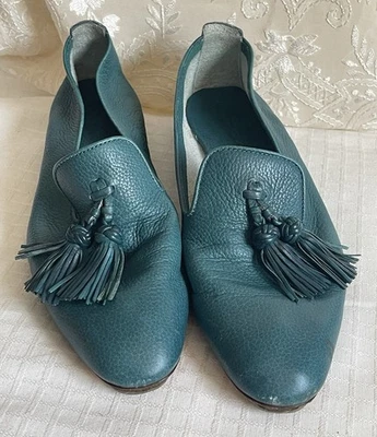 Raro SANTONI Zapatos Mocasines Planos Cuero Guijarro Verde US8 EU38 Planos Hechos en Italia Foto 1 de 4