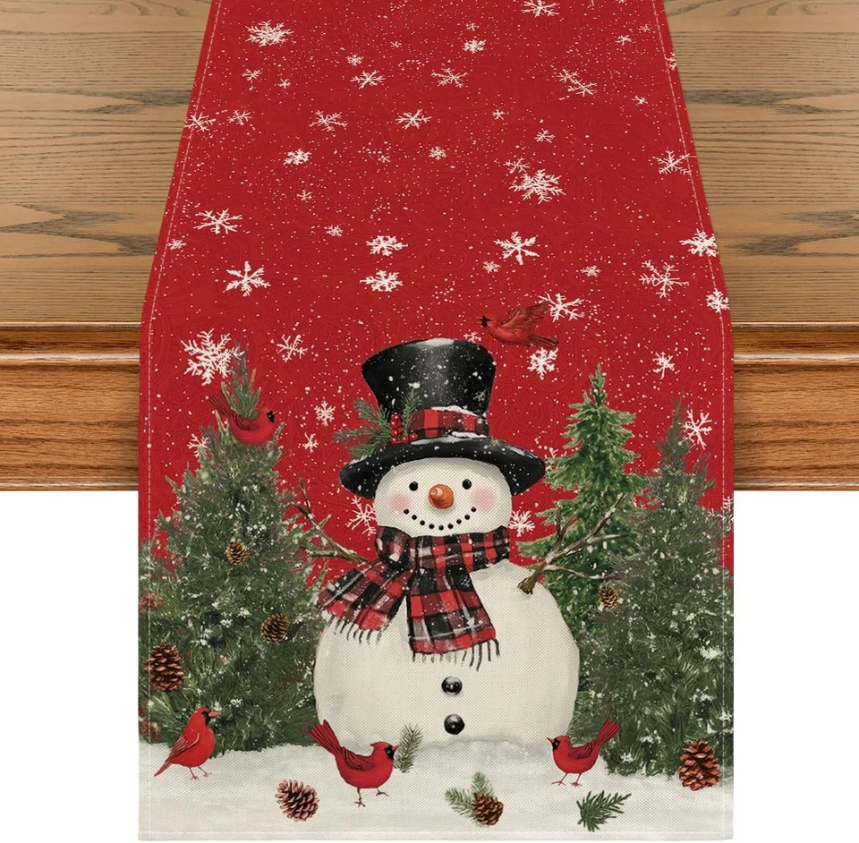 Snowman Christmas Bird Trees Table Runner Seasonal Winter Holiday Kitchen Dining