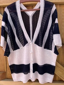 White & Navy Striped Short Sleeve Ladies Pure Cotton Cardigan Estd Size S-M - Picture 1 of 8