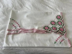 Vintage Crisp White Tablecloth | Pink White Green Crochet Edge Floral 46x53” - Picture 1 of 10