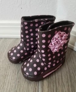 New Trimfoot Boot Infant Girls Size 2 Brown With Pink Polka Dots - Picture 1 of 6