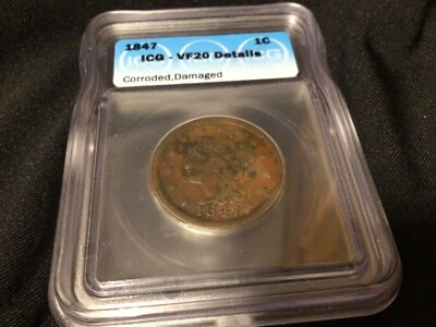 1847 Braided Hair Large Cent 1C ICG~VF 20 Details  - Image 1 of 4