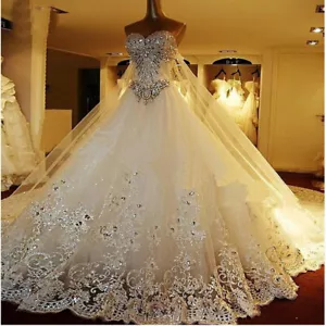 Luxury Sparkle Wedding Dresses Crystal with Detachable Back Train Bridal Gown - Picture 1 of 11