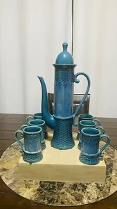 Vintage Norleans JAPAN Coffee Tea Set w/6 Cups Tall Urn w/Lid Blue MCM Woven - Picture 1 of 24