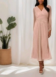 NWT Adrianna Papell Metallic Mesh Draped Faux- Wrap Midi Dress Rose Gold Size 16 - Picture 1 of 13