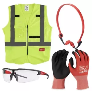 Milwaukee Construction PPE Kit Glasses Ear Plugs Cut A Glove Hi Visibility Vest - Picture 1 of 6