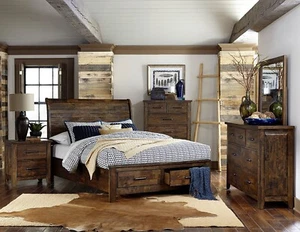4 PC RUSTIC PLANK SOLID WOOD BURNISHED BROWN QUEEN BED STORAGE DRAWERS FURNITURE - Picture 1 of 14