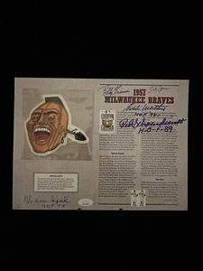 1957 Milwaukee Braves SIGNED 9x12 Patch Photo  Mathews, Spahn, Schoendienst +JSA - Picture 1 of 7