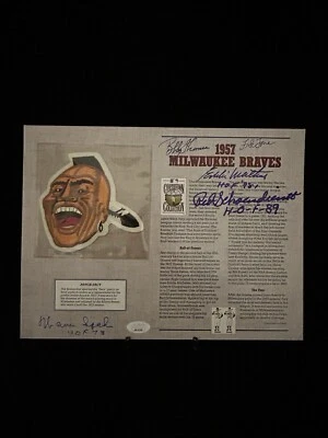 1957 Milwaukee Braves SIGNED 9x12 Patch Photo  Mathews, Spahn, Schoendienst +JSA - Image 1 of 4
