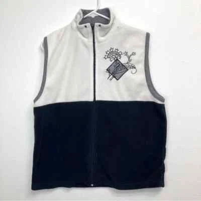 Chaleco polar vintage bordado floral en bloques de colores, azul y blanco, mediano para mujer” Foto 1 de 4