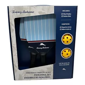 NEW Tommy Bahama Pickleball Set 2-Wood Paddles w/ 2 Game Balls Blue Striped - Picture 1 of 2