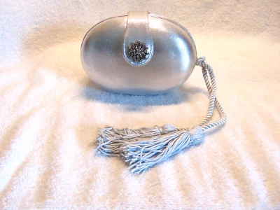 Silver Round Small Evening Formal Hard-Shell Oval Tassel Crossbody - Image 1 of 4