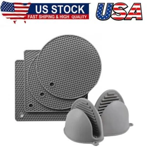 Silicone Oven Mitts and Pot Holders Sets-2Pot Holders for Kitchen Heat Resistant - Picture 1 of 7