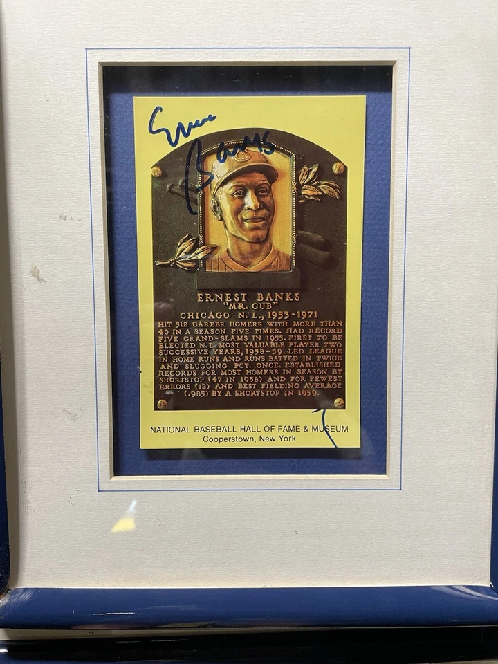 1964 Yellow Ernie Banks Autographed Hall Of Fame Plaque Card Framed. - Image 1 of 1